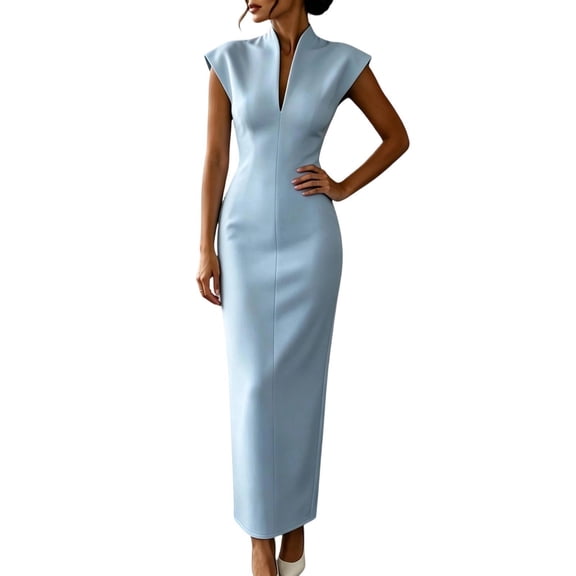TEAJOPSUU Women's Dresses Slim Fitted V Neck Cap Sleeve Dresses Formal Business Wedding Guest Party Maxi Dress Blue