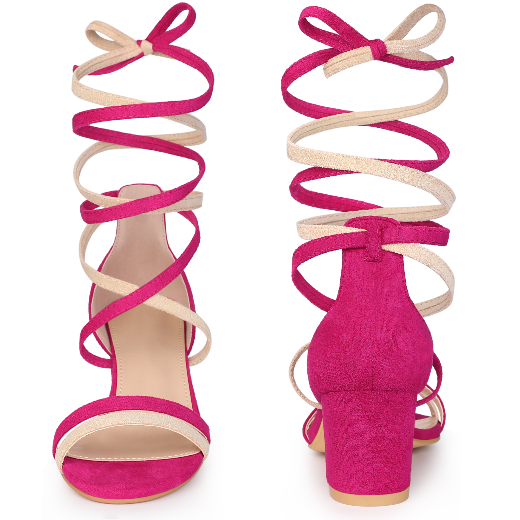 DARING DIVA Women's  Fashion Open Toe Lace Up Color Block Heel Sandals Hot Pink Beige 8.5