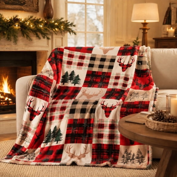 Rustic Christmas Flannel Throw Blanket, Plaid Patchwork Blanket with Deer Antler Tree, Soft Lightweight Holiday Throw for Couch Sofa Bed, Winter Xmas Home Decor for Living Room-A