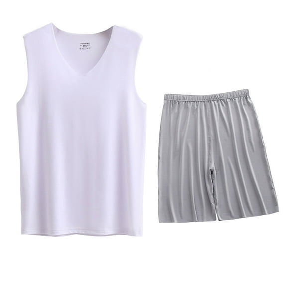 SHTXOZHI Pajamas for Men Sets 2 Piece Sleeveless V Neck Tank Tops Shorts Soft Pjs Sleepwear