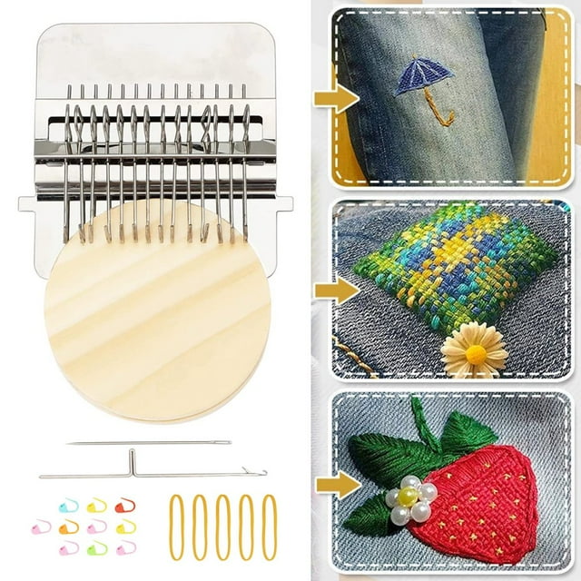 Small Weaving Loom Kit with 14 Hooks Mini Darning Loom Speedweve Type Weave Tool Beginners Quickly Mending Loom Machine DIY Weaving Repair Tool for Jeans Socks and Clothes