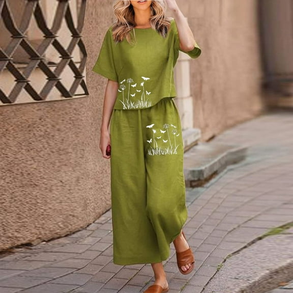 Baqcunre Ladies Cotton Short Sleeve Printed Blouse Loose Cropped Pants Suits,Size L,Two Piece Sets for Women,Outfits for Women,Fall Outfits Women Trendy,Wide Leg Pants Woman,,Army Green
