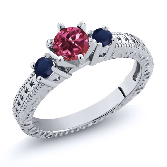 Gem Stone King 0.82 Ct Round Pink Tourmaline Blue Sapphire 925 Sterling Silver Ring (Size 5)