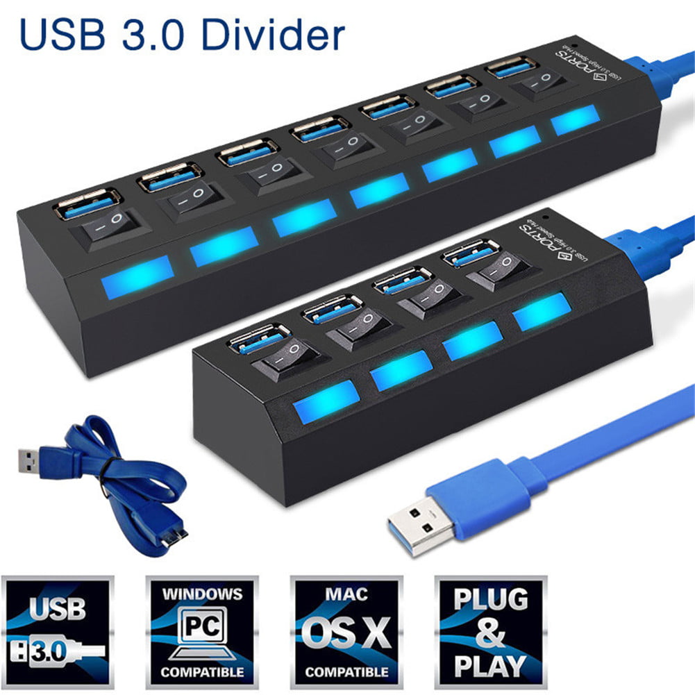 USB Splitter 3.0 for Laptop Computer USB Hub 3.0 with Power Supply Adapter Extension Cord USB 3.0 Hub with Individual Power Switches and LEDs 7 Ports USB Hub Windyoung USB Hub