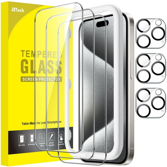 JETech Screen Protector for iPhone 15 Pro 6.1-Inch with Camera Lens Protector, Bubble Free, Easy Installation Tool, Tempered Glass Film, HD Clear, 3-Pack Each