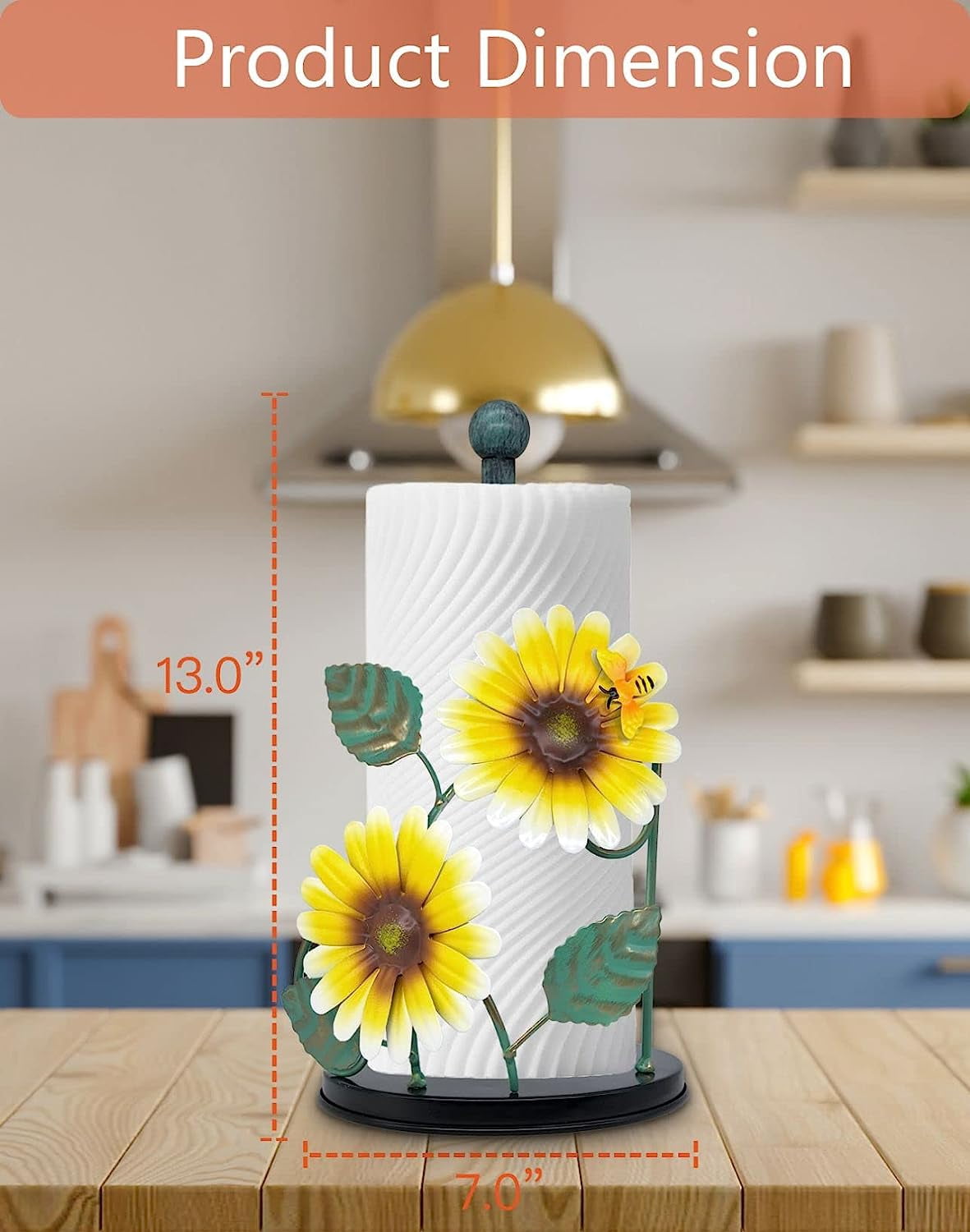 Sunflower Decor Paper Towel Holder | Metal Yellow Daisy with Bee | Countertop Kitchen & Bathroom Organizer | Cute Sunflower Accessories for Home Decor