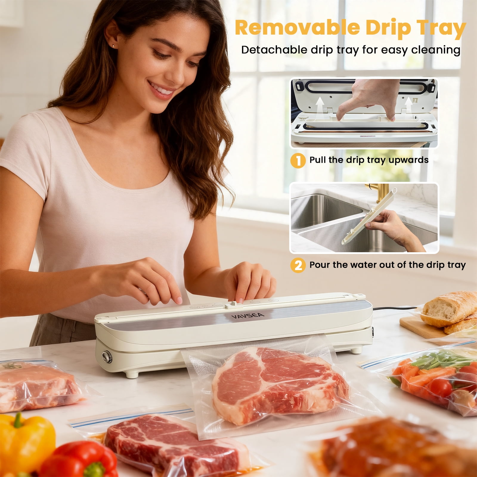 VAVSEA 75Kpa Vacuum Sealer with Bags, 1 Roll & 10Pcs Bags, Automatic Food Sealer Machine with 6-in-1 Dry/Moist Modes, Built-in 2 Cutters, Compact Lightweight for Meal Prep and Storage