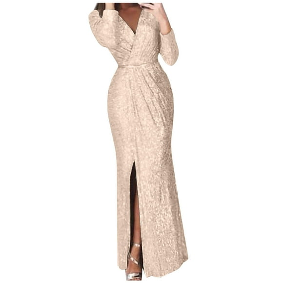 Outfmvch Prom Dresses 2024 Cocktail Dress Dresses for Women 2024 Mini Solid Color Active Fit Ankle Length Long Sleeve Lightweight V-neck Prom Dress Evening Dresses for Women Gold Xxl