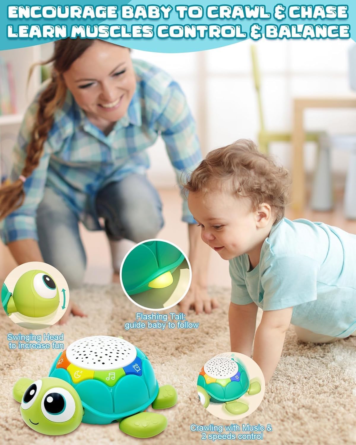Baby Crawling Toys,  Musical Toys with Light & Sound, Early Educational Toy, Turtle Crawling Toys Walking Toys for Boys Girls