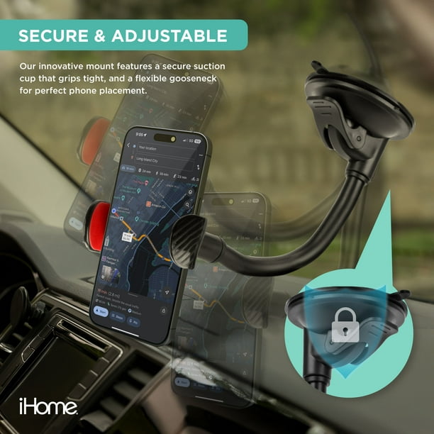 iHome Phone Mount for Cars with Adjustable Grip and 360 Rotating Neck Adjustable Gooseneck Black Red
