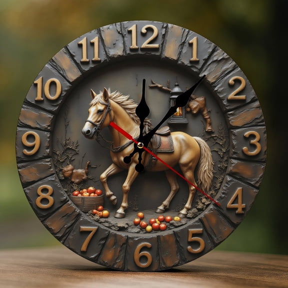 Wall Clock Decorative - Rustic Brown Horse-B Print 2D Vintage Wall Clocks Battery Operated Silent Non-Ticking for Bedroom, Living Room, Kitchen, Office, Classroom, 10 Inch