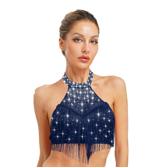 Lejafay Women's Fringe Halter Sheer V Neck Tank Top for Salsa Samba Belly Dancing Party Performance NavyBlue M