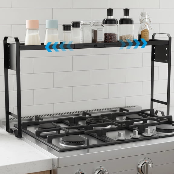 Kitchen Stove Top Shelf, Over Spice Rack for Stove, Adjustable Carbon Steel Shelf Organizer, Kitchen Countertop Seasoning Storage Rack