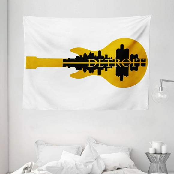 Detroit Decor Tapestry, High Rise Buildings Silhouette Reflection Electric Guitar Instrument Music, Wall Hanging for Bedroom Living Room Dorm Decor, 80W X 60L Inches, Yellow Black, by Ambesonne