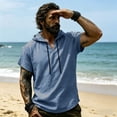 thumbnail image 4 of Jovrlynd Hoodies for Men Short Sleeve Cotton Linen Drawstring Summer Casual Hooded Shirts V Neck Pullover Tee Tops, S-3XL, 4 of 9