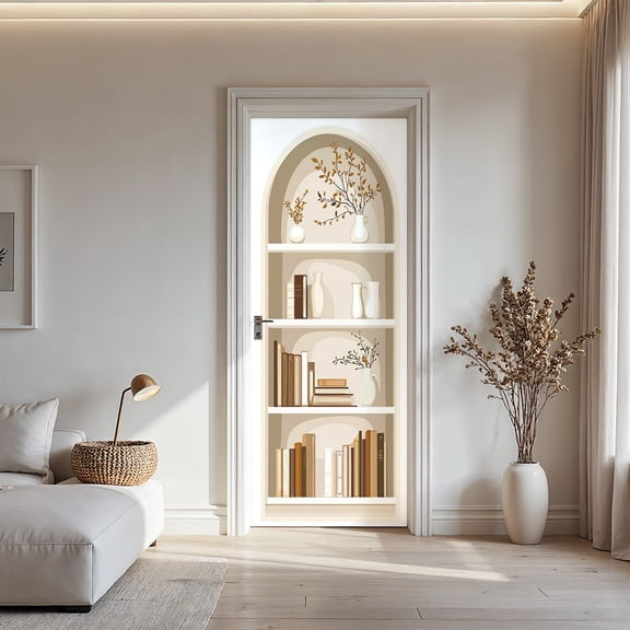 3D Arched Bookshelf Space Extender Door Sticker - 30.3x78.7in Minimalist Boho Peel and Stick Door Decal for Book Lovers