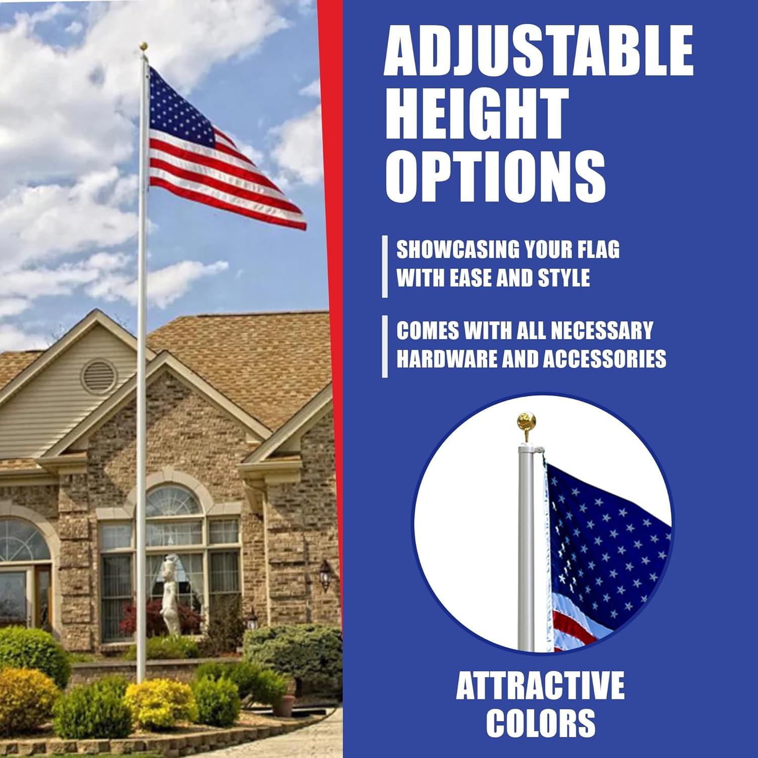 Super Tough USA-Made 20ft Heavy Duty Flag Pole for Outside House - Clear Anodized - Residential In-Ground Flagpole - 3-Section High-Grade Aluminum - Includes All Accessories