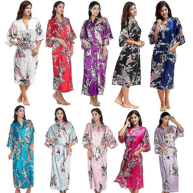 Bata tipo kimono de satén suave con estampado floral para mujer, albornoz de boda, ropa de dormir