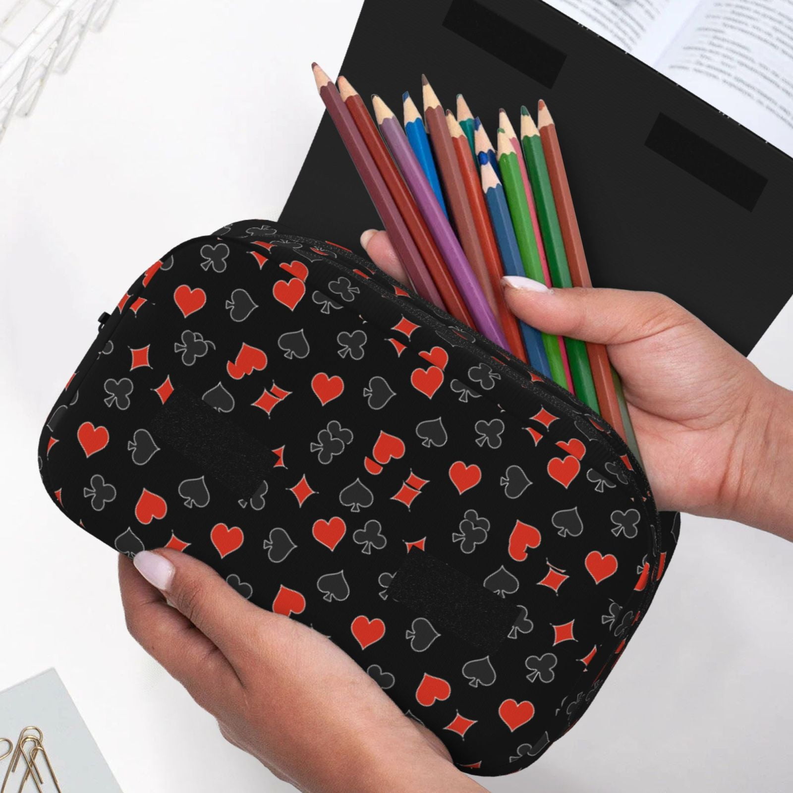 Rateoe Poker Creative Symbols Pattern Double Clamshell Pen Case, Storage Organizer with Two Zipper Compartments– Holds Up to 50 Pencils & Pens