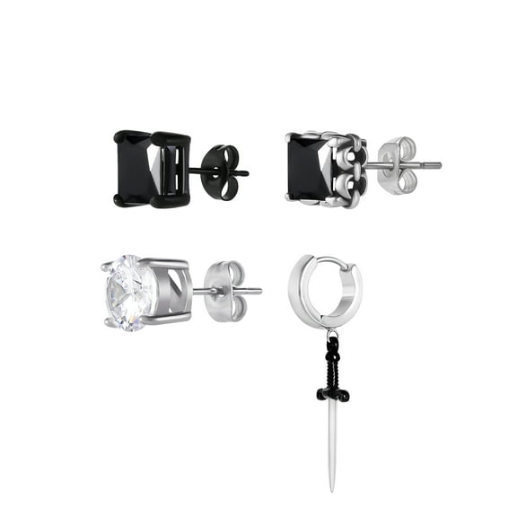 Brilliance Fine- Men's Stainless Steel Black Plated Simulated Diamond Singlet Earring Set, 4 Pieces