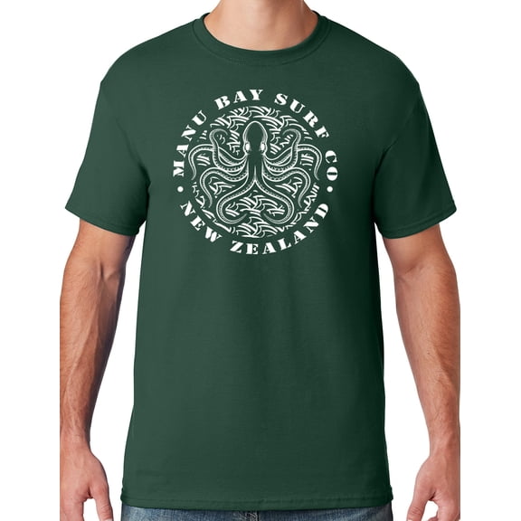 Mens Manu Bay Surf Company WHITE OCTOPUS T-shirt, Medium Forest Green