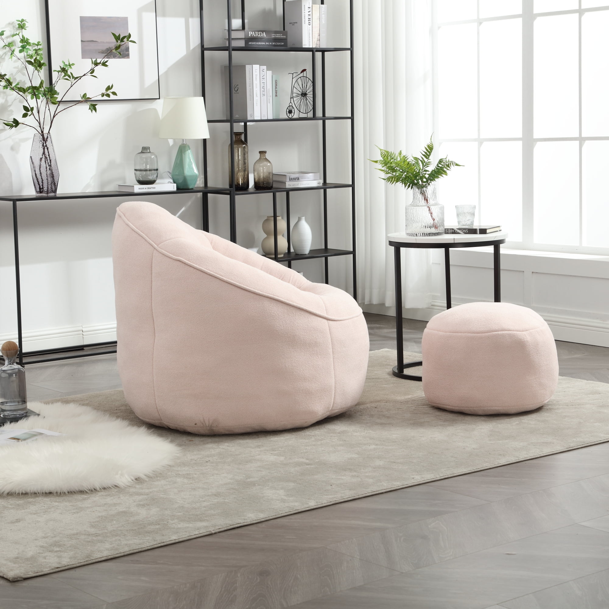 Jopath Bean Bag Chair with Footstool, Lazy Sofa for Adults and Kids, Floor Sofa for Gaming Reading Living Room Bedroom Pink