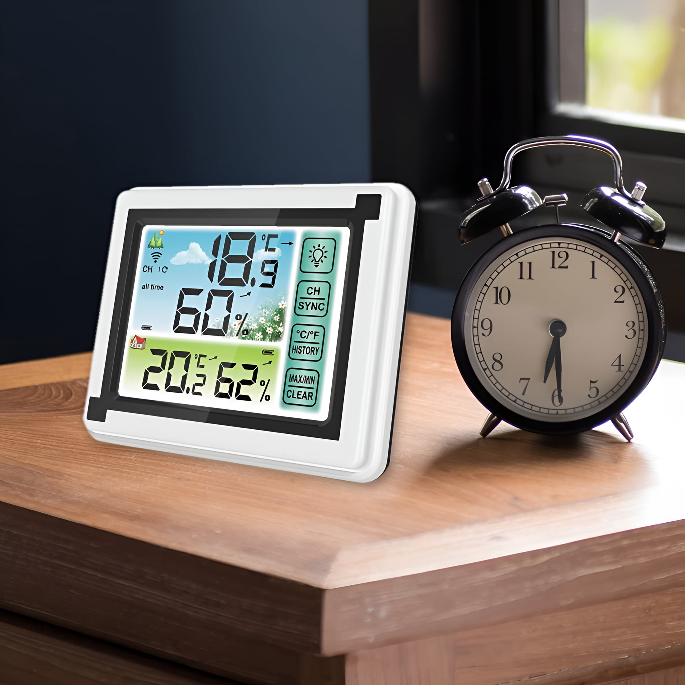 GJX Weather Station Clock Indoor Outdoor Wireless Thermometers Large Screen Display Touch Control Backlight Memory Function with 1 Waterproof Sensors