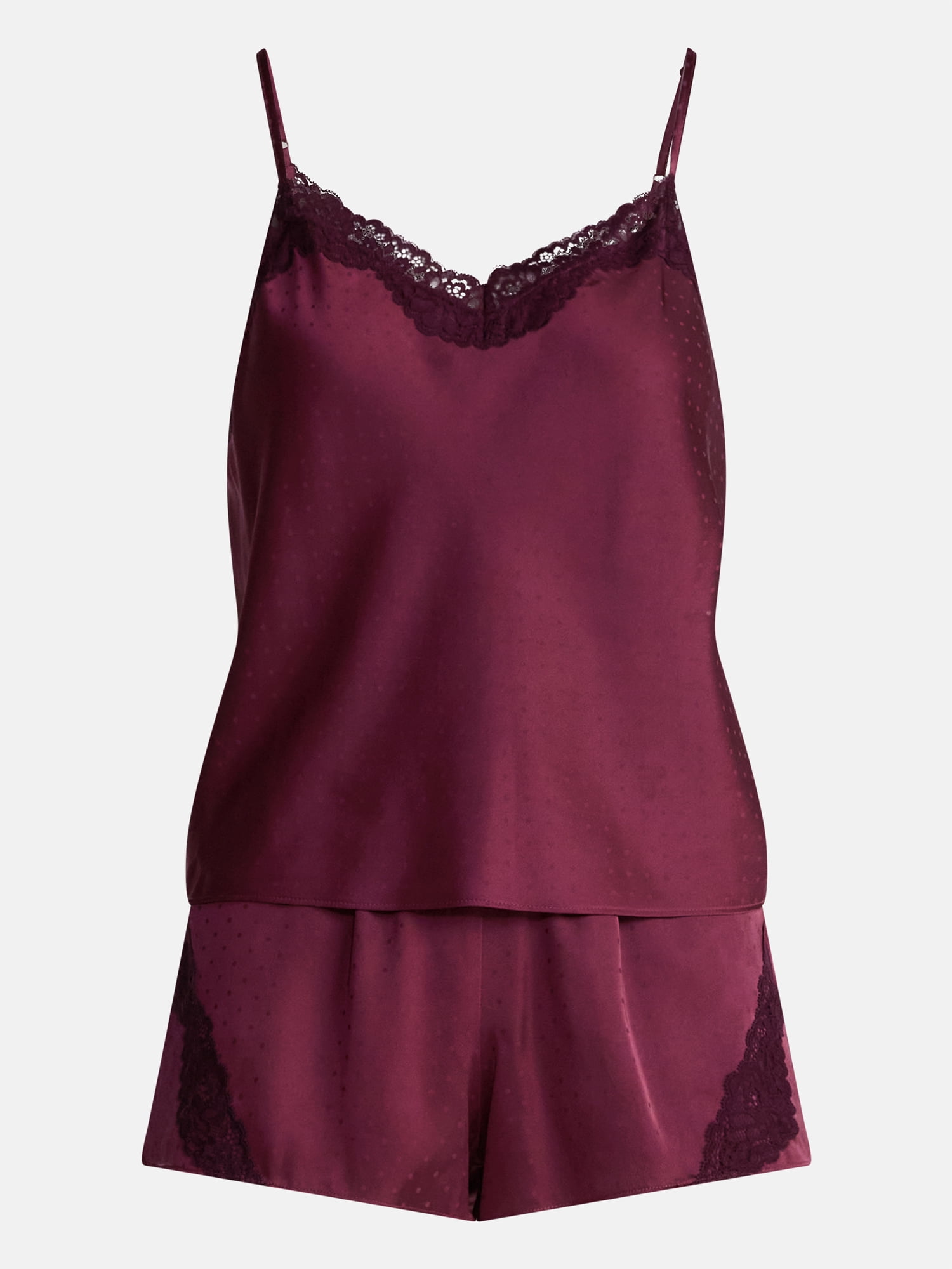 Joyspun Women’s Lace Trim Stretch Satin Cami and Shorts Set, 2-Piece, Sizes XS-3X