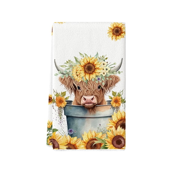 SLYNSHome Kitchen Towels Highland Cattle Printed Highland Cow Themed Dish Towels Absorbent Farm Cattle Watercolor Floral Tea Hand Dishcloths Housewarming Gift
