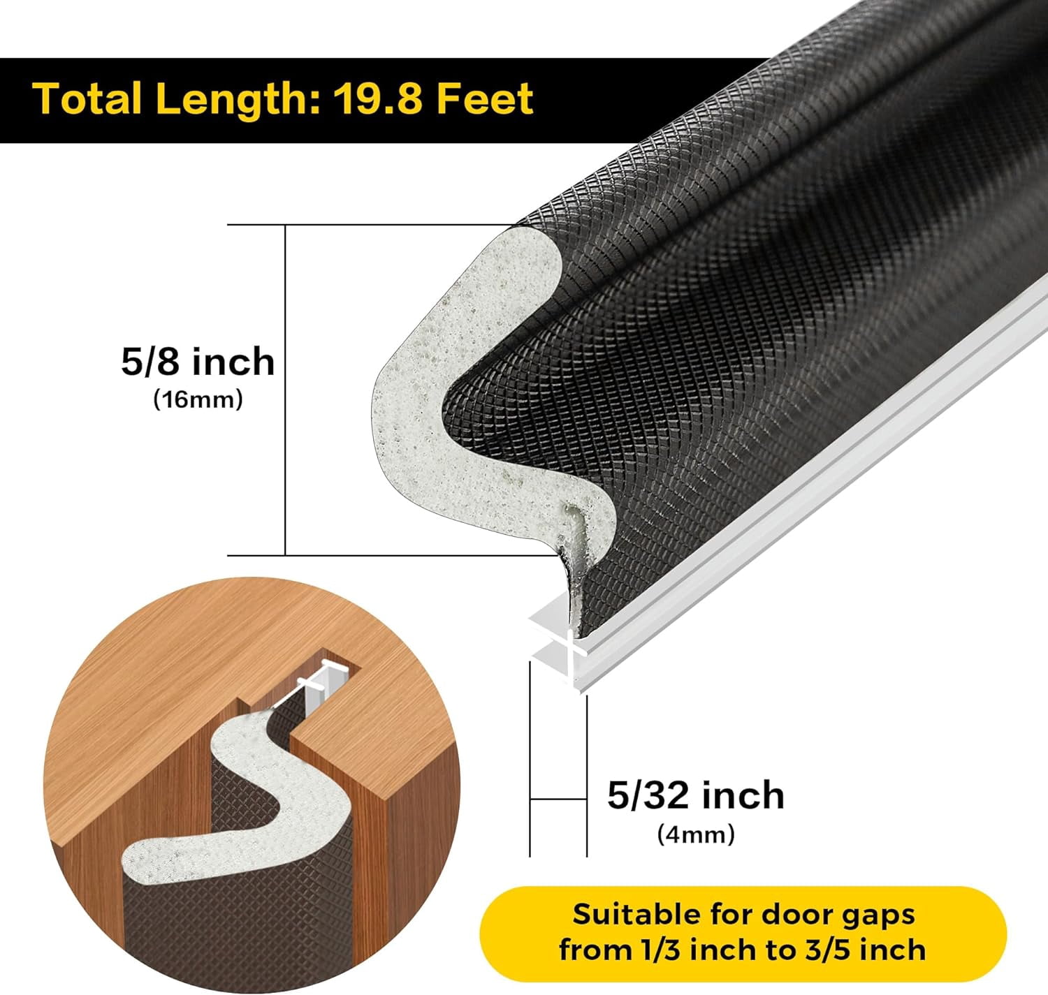 Weather Stripping Door Seal Strip Soundproof Q Foam Weather Stripping for Door Frame, Exterior Door Weather Stripping for Large Gap, Easy to Install（Black, 19.8FT