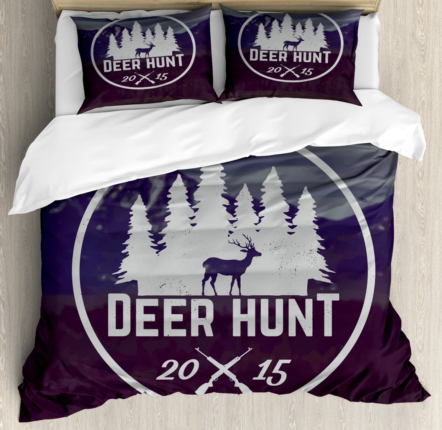 Queen Size Deer Bedding Set - Hunting Theme Duvet Cover With 2 Pillowcases, Army Green Antler Print