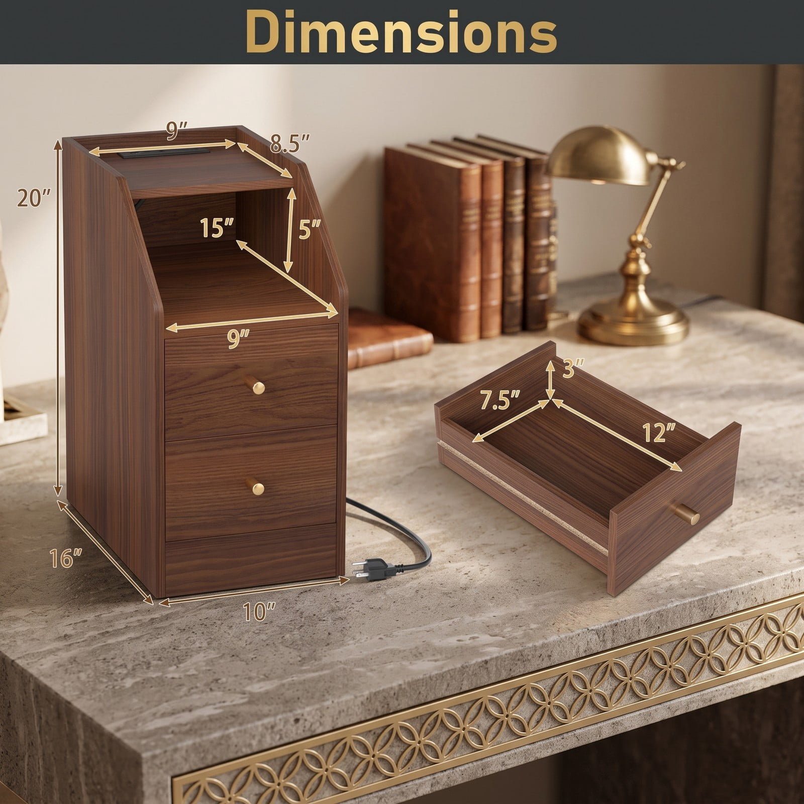 Furnibear Side End Table with Charging Station, Nightstand Sofa Couch Side Table with 2 Drawers, Open Shelf and Cable Hole for Living Room Bedroom, Walnut