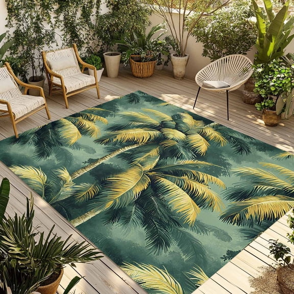 Fsddascl Green Palm Tree Outdoor Rug for Patio/Deck/Porch, Non-Slip Large Area Rug 4 x 6 Ft, Farmhouse Summer Tropical Forest Plants Indoor Outdoor Rugs Washable Area Rugs, Camping Rug Carpet