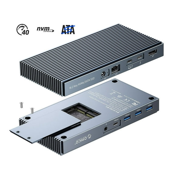 ORICO 40Gbps Dual Bay SATA/NVMe M.2 SSD Enclosure with 9 in 1 Thunderbolt Docking Station Hub with 4k HDMI,DP 1.4,Ehernet,10Gbps USB C, 60W Laptop Charging,15W Phone Charging, Audio