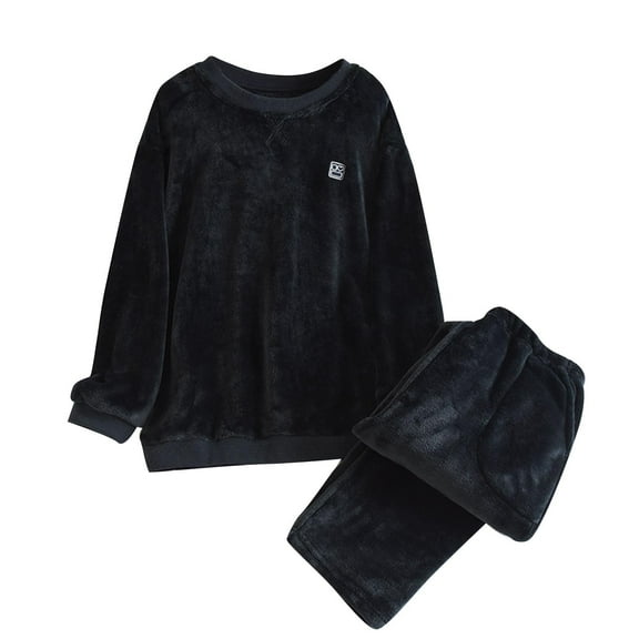 Penkiiy Men' s Fluffy Pajamas Set Fleece Fluffy Warm Loungewear Pullover Loose Flannel Sleepwear L Black