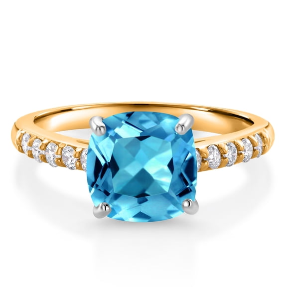 Gem Stone King 10K Yellow Gold Swiss Blue Topaz and White Lab Grown Diamond Engagement Ring for Women (2.50 Cttw, Cushion 8MM, Gemstone November Birthstone, Size 5)