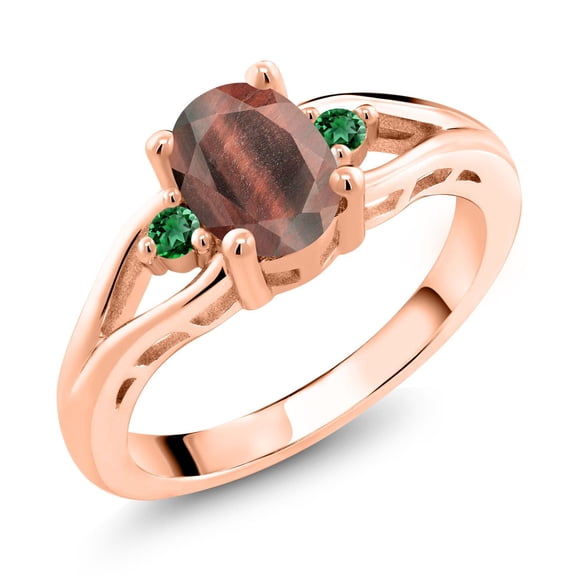 Gem Stone King 18K Rose Gold Plated Silver Red Tiger Eye and Green Nano Emerald 3 Stone Engagement Ring for Women | 1.30 Cttw | Oval 8X6MM | Round 2MM | Gemstone Birthstone | Size 6