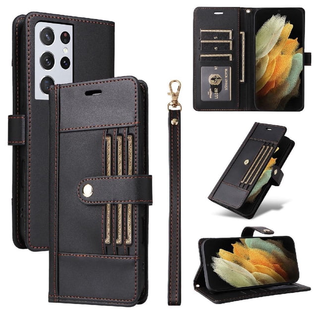 FOXDOCK Funda tipo Cartera para Samsung Galaxy S21 Ultra – Cubierta de Cuero PU con Múltiples Ranuras, Bolsillo para Efectivo y Correa de Muñeca