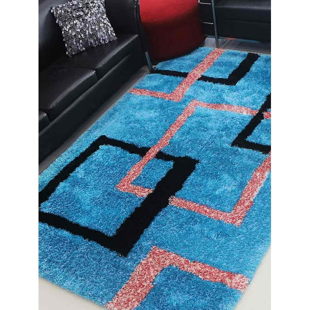 Modern Geometric Square Frames Hand Tufted Shaggy Shag 5x8 Area Rug Turquoise Walmart Com Walmart Com