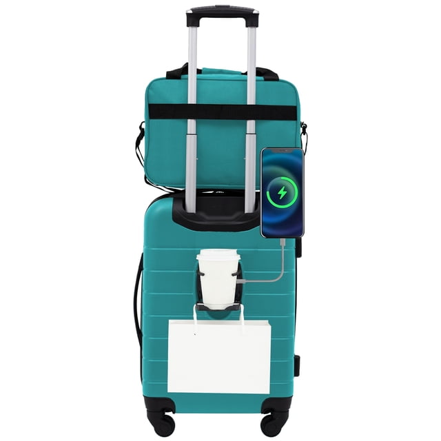 wrangler smart luggage cup holder and usb port, teal, 2 piece set vista frontal de carry-on y bolso personal a juego con manija telescópica extendida; soporte de taza 3‑en‑1 montado en la parte trasera con vaso desechable y teléfono enchufado al puerto USB lateral, ruedas dobles giratorias 360° y superficie rígida texturizada.