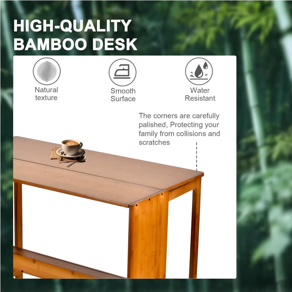 Bamboo Folding Desk, Space-Saving Workstation with Bookshelf for Home Office and Small Apartments (Brown)