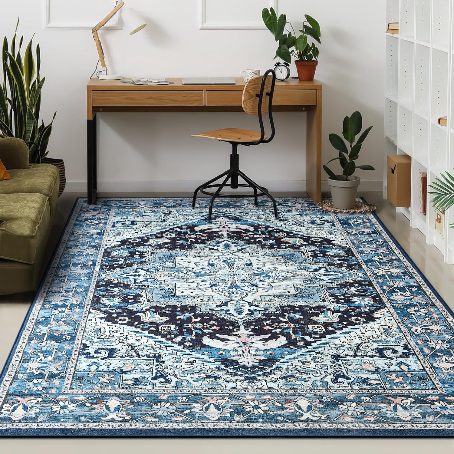 Homore Vintage Boho Oriental Medallion Area Rug, 4' x 6', Blue