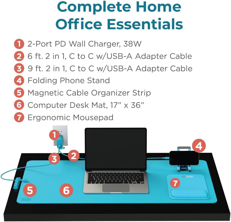 BLACK+DECKER Home Office Kit, 7 PCS Set, Desk Pad, 2-Port PD Charger, Ergonomic Mouse Pad, Phone Stand, Combo Cables, Cable Organizer, Workspace Accessories Perfect for Work-from-Home (Loch Ness)