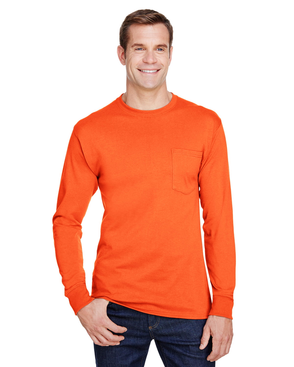 Hanes, The Adult Workwear Long-Sleeve Pocket T-Shirt - SAFETY ORANGE ...