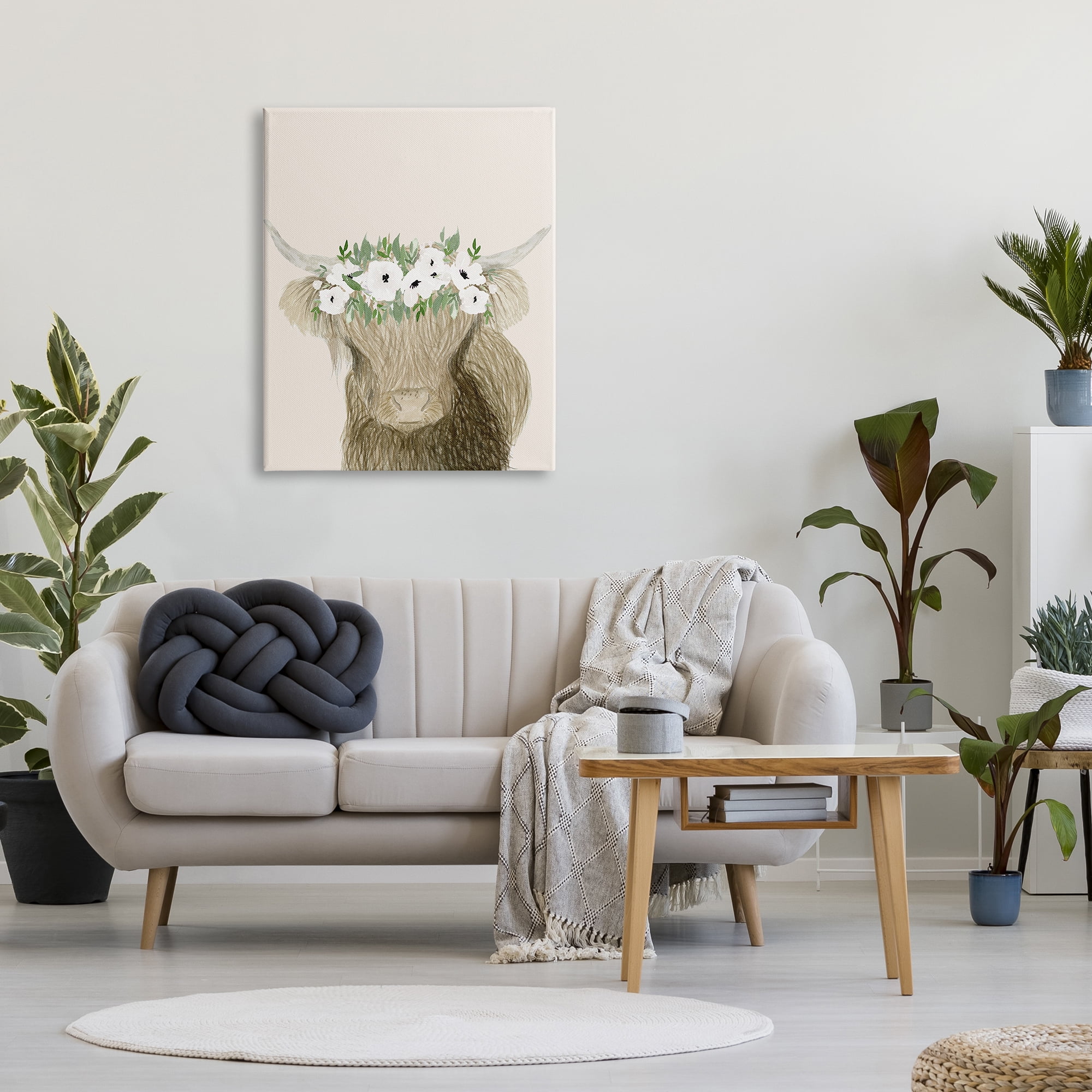 Stupell Industries Highland Cattle Portrait White Poppy Floral Crown Rustic, 30 x 40, Design by Lucille Price