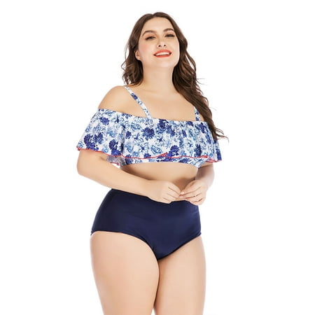 Plus Size Swimsuits for Women, 2019 NEW Two Piece Swimsuit Slimming Bikini Set, Tummy Control Swimwear, Ruffle Off Shoulder Printed Bathing Suits Top with High Waisted Swimsuit Bottom, (Best Slimming Swimsuits 2019)