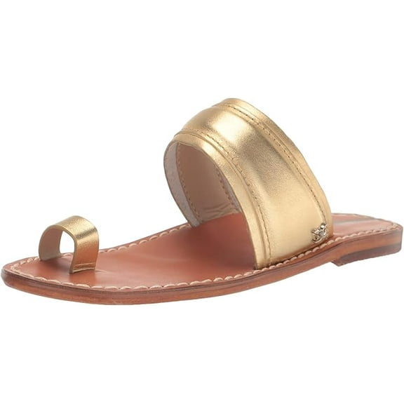 Sam Edelman Margit Amber Gold Toe Ring Strappy Slip On Flat Slides Sandals (Amber Gold, 8)