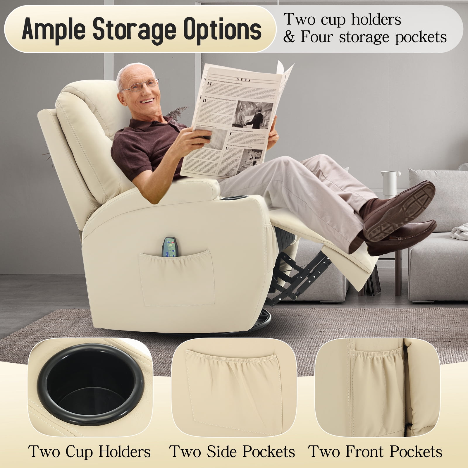 Korser Swivel Rocker Recliner Chair with Massage Faux Leather for Living Room,Beige
