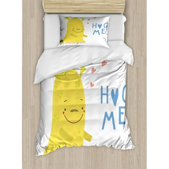Hug Duvet Cover Set Twin Size, Cartoonish Design Alien Monster with Hug Me Print, Decorative 2 Piece Bedding Set with 1 Pillow Sham, Deep Sky Blue Coral Mustard Yellow Green, by Ambesonne