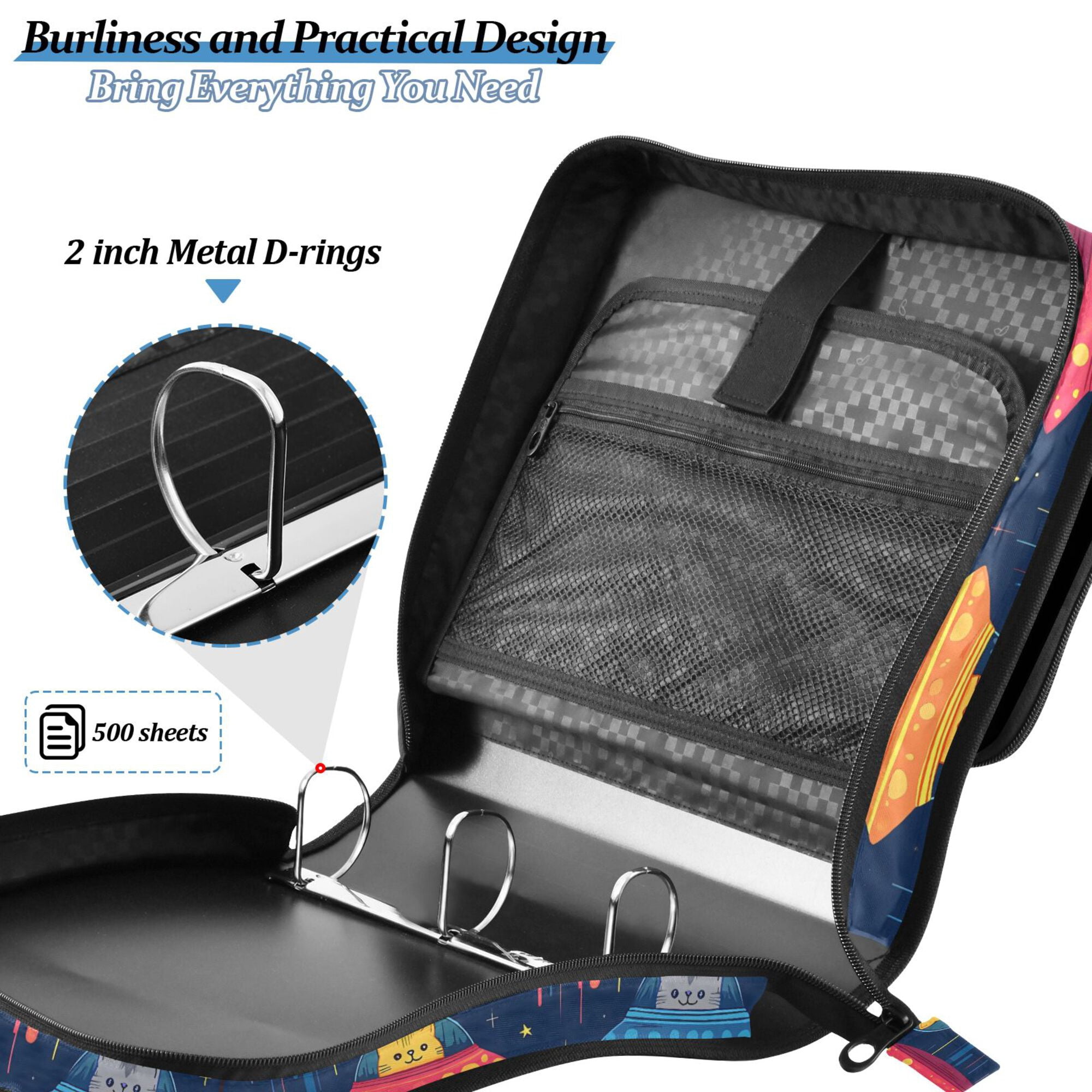 FORMRS Zipper Binder with Shoulder Strap 2-inch Ring 500 Sheet Capacity File Bag, Rainbow Space Cat